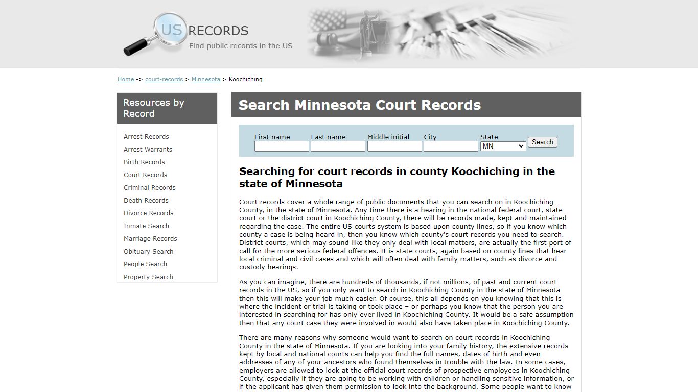 Search Court Records Koochiching Minnesota | US Records